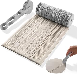 Conderyang 10Pcs 3D Printed Clay Texture Roller Clay Roller with Handle Texture Wheel Set Handheld Pottery Rollers Polymer Tools for Artists Ceramics Art Creation Ceramic Modeling DIY (Light Gray)