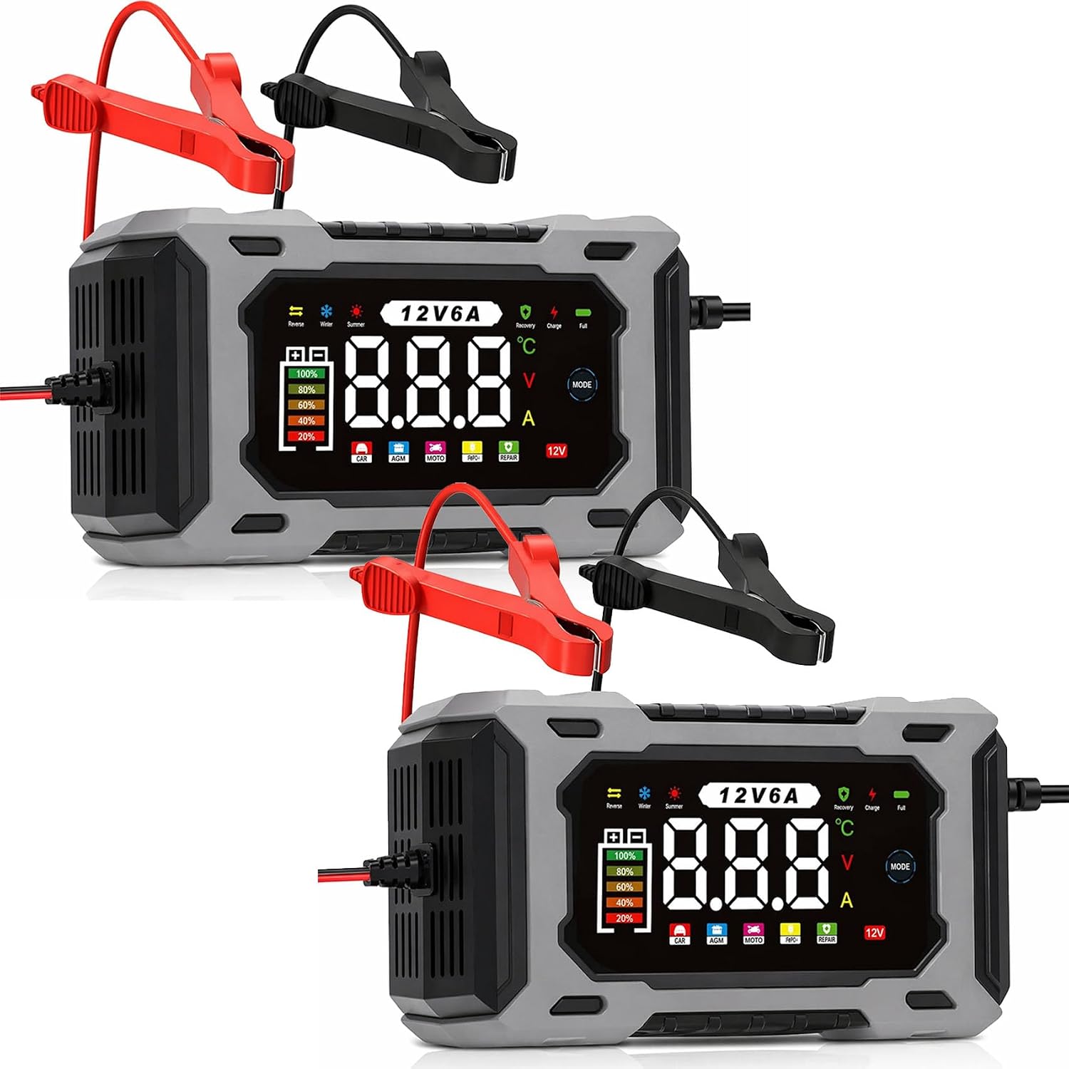12V Smart Battery Charger Maintainer, Automatic Trickle Charger & Intelligent Pulse Repair Desulfator with LED Display, for Car, Motorcycle, Marine, ATV, RV, SLA and AGM Batteries (2 Pcs)