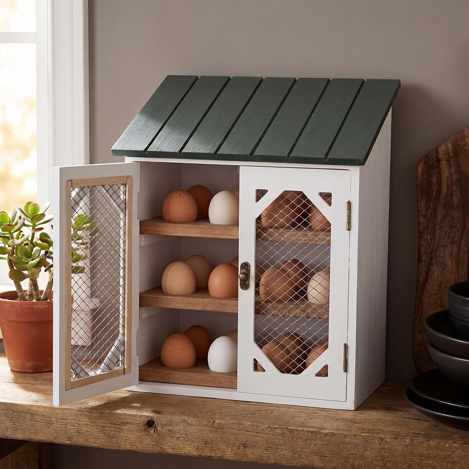 Xuhal Wooden Egg Holder Countertop Farmhouse House Shape Egg Storage Decor 3 Tier Cabin Pull out Storage Shelf Holding up to 24 Distressed Collecting Basket for Gathering Kitchen