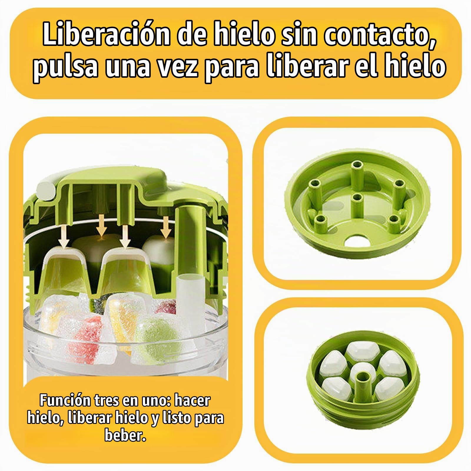 Máquina de hielo portátil 2 en 1, incluye una bandeja de hielo integrada con prensa, fácil de limpiar, ideal para café helado, cócteles, whisky y zumos de frutas (Green)