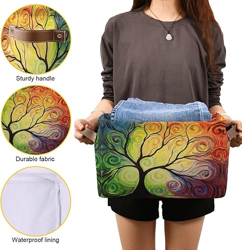 Vista 6 de Cesta de almacenamiento con diseño de árbol de la vida con diseño de arco iris, caja organizadora de almacenamiento floral, canastas grandes