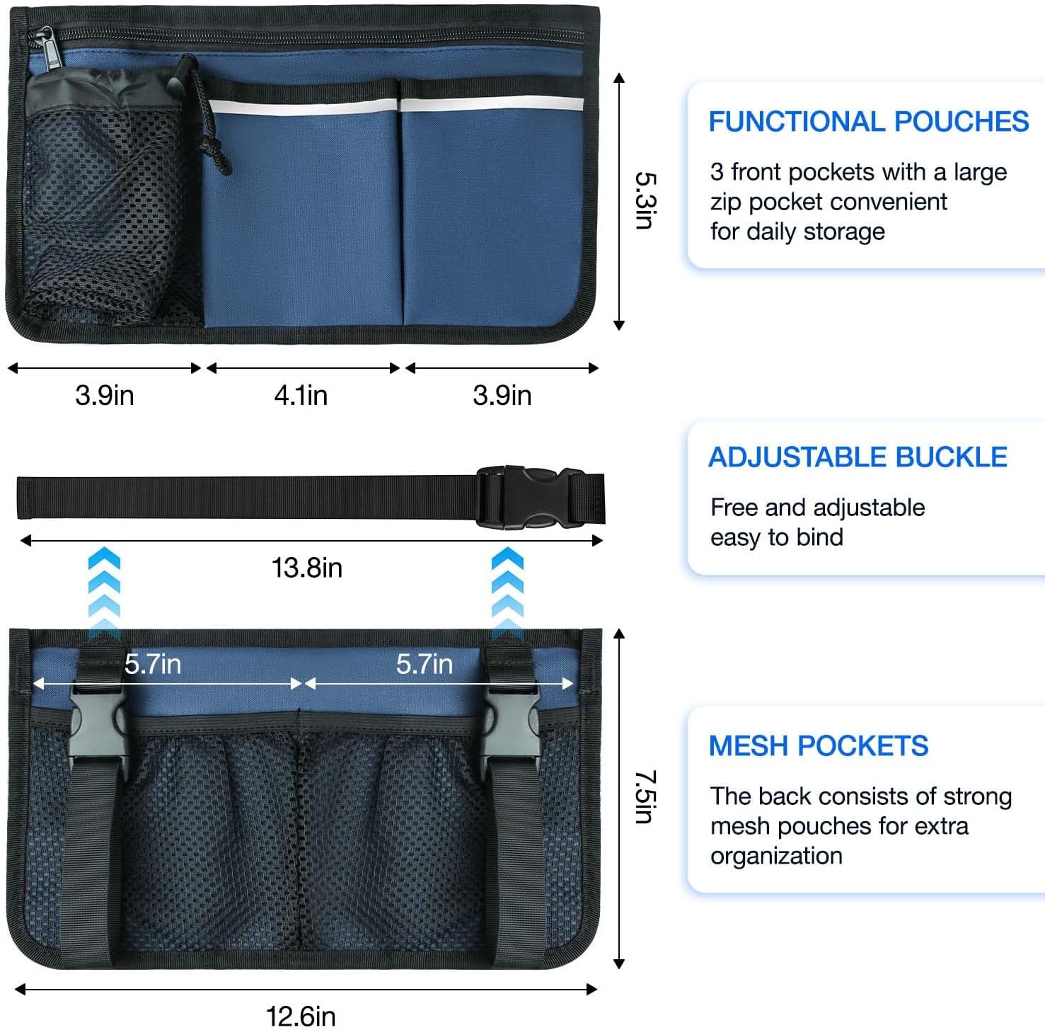 Wheelchair Bag, Walker Bag, Armrest Organizer Pouch with Cup Holder, Reflective Strip, Accessories for Most Wheelchairs, Walkers, Rollators (Navy Blue) image 2