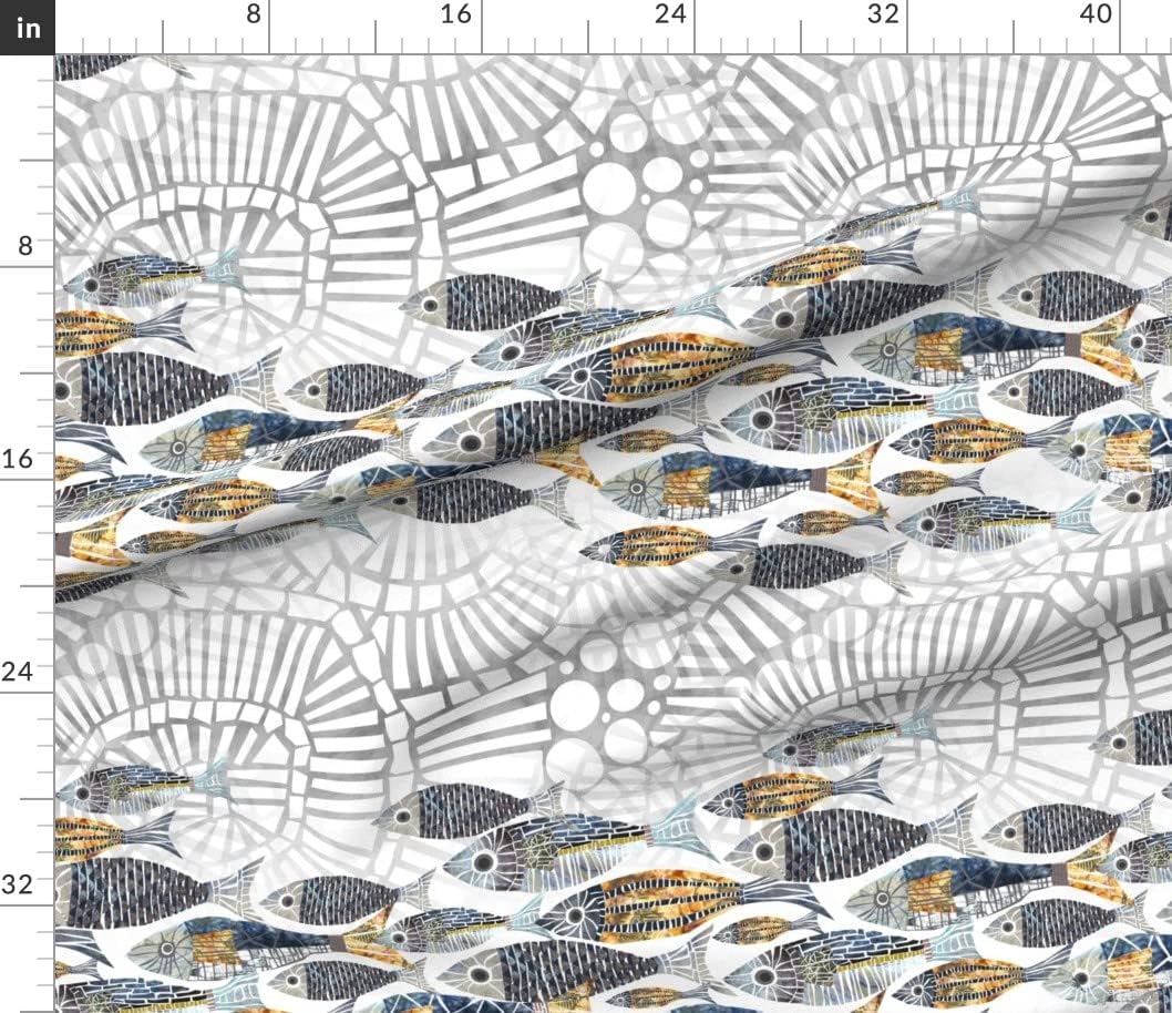 Spoonflower Fabric - Fish School Coastal Art Deco Mosaic Beach Nautical Navy Blue Printed on Petal Signature Cotton Fabric Fat Quarter - Sewing Quilting Apparel Crafts Decor