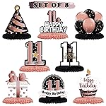 LINGTEER Happy 11th Birthday Rose Gold Table Honeycomb Centerpieces Cheers to 11th Birthday Eleven Years Old Party Table Decorations Gift Sign.