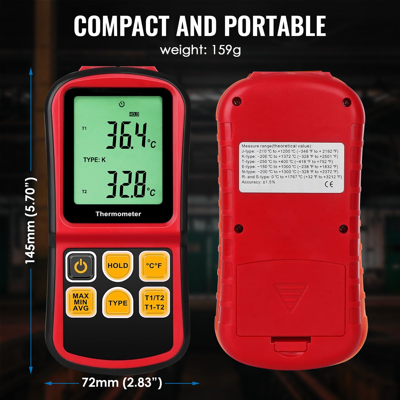 Termometro a termocoppia a doppio canale Tipo K/J/T/E/R/S/N -150~1767 °C Misuratore di temperatura digitale Retroilluminazione 2 sonde