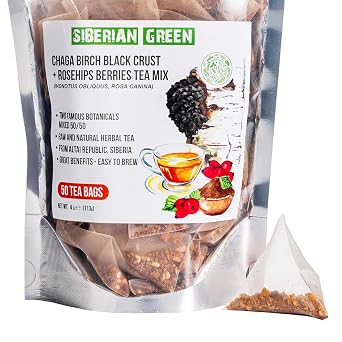 Siberian Green Chaga Tea Birch Black Crust with Rosehip Berries Mix 50pcs Tea Bags with Natural, Pure Ingredients - Antioxidant Support, Immunity Boost