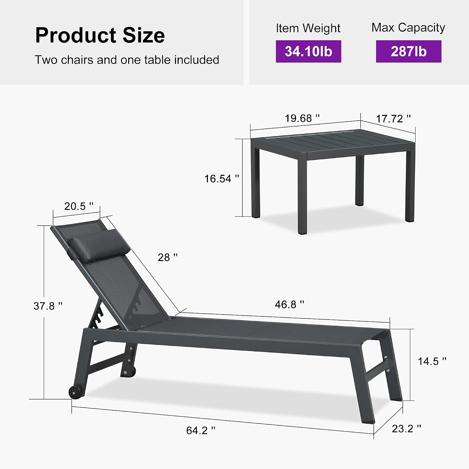 PURPLE LEAF Outdoor Lounge Chair Set of 3 Patio Chaise Pool Lounger Aluminum Frame with Side Table and Wheels for Outside Sunbathing Tanning Recliner Including Pillows Gray
