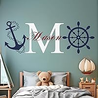 Vista 1 de Decoración de pared con nombre, inicial de timón y anclaje, calcomanía de pared de cuarto de bebé, decoración náutica para el hogar, dormitorio