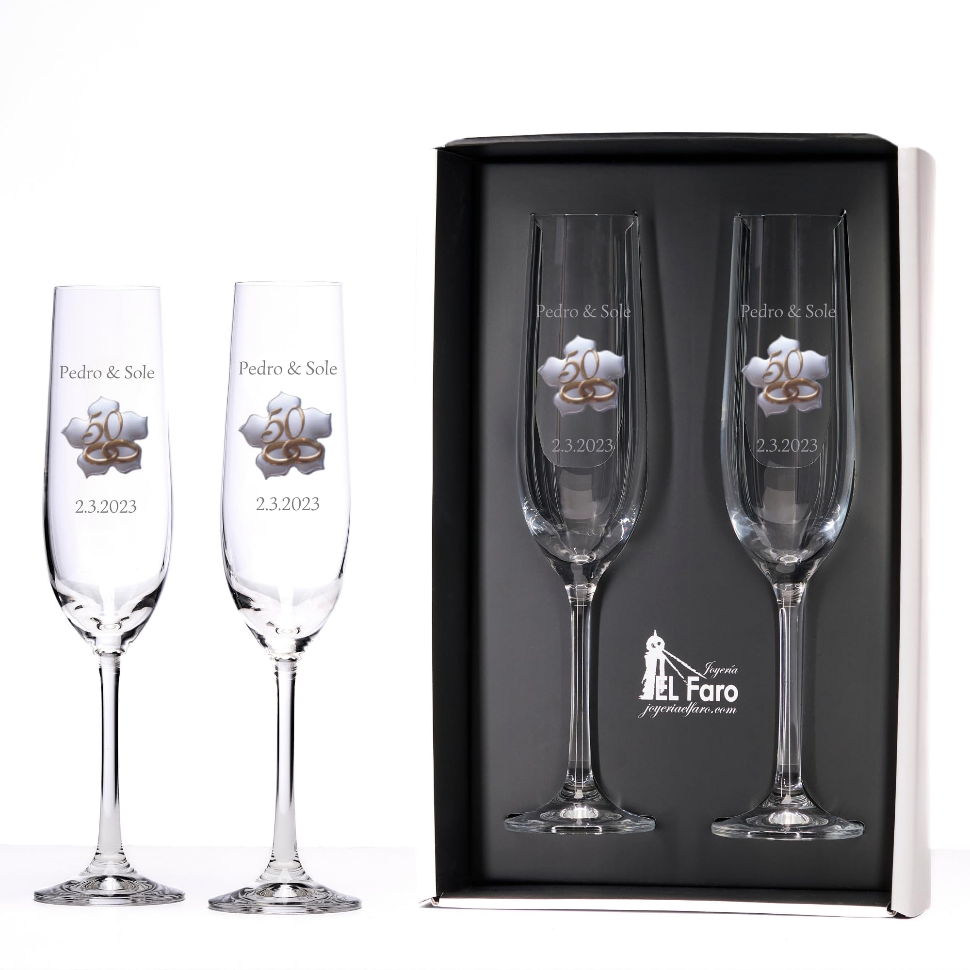 JOYERIA EL FARO Copas de Champán Personalizadas para Bodas de Oro – Juego de 2 Copas con Chapita Dorada en Forma de Hoja – Estuche Premium de Joyería – Regalo 50 Aniversario de Casados