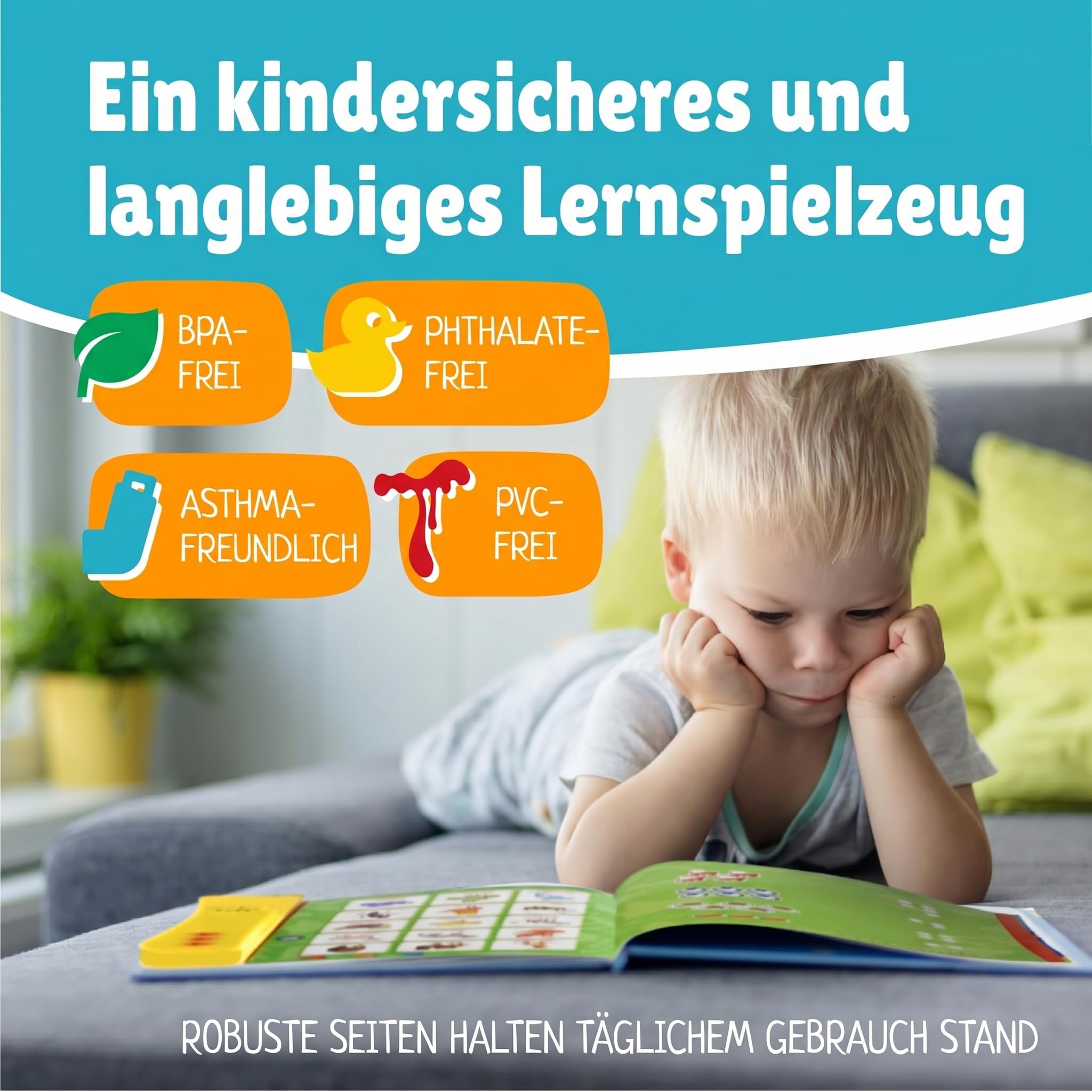 Englisch Lernen Kinder Soundbuch ABC, Interaktives Klangbuch Englisch mit 100+ Tönen, 8 Lernseiten und 3 Lernmodi, Lernspielzeug für Buchstaben, Wörter, Zahlen, Formen und Tiere ab 3 Jahre