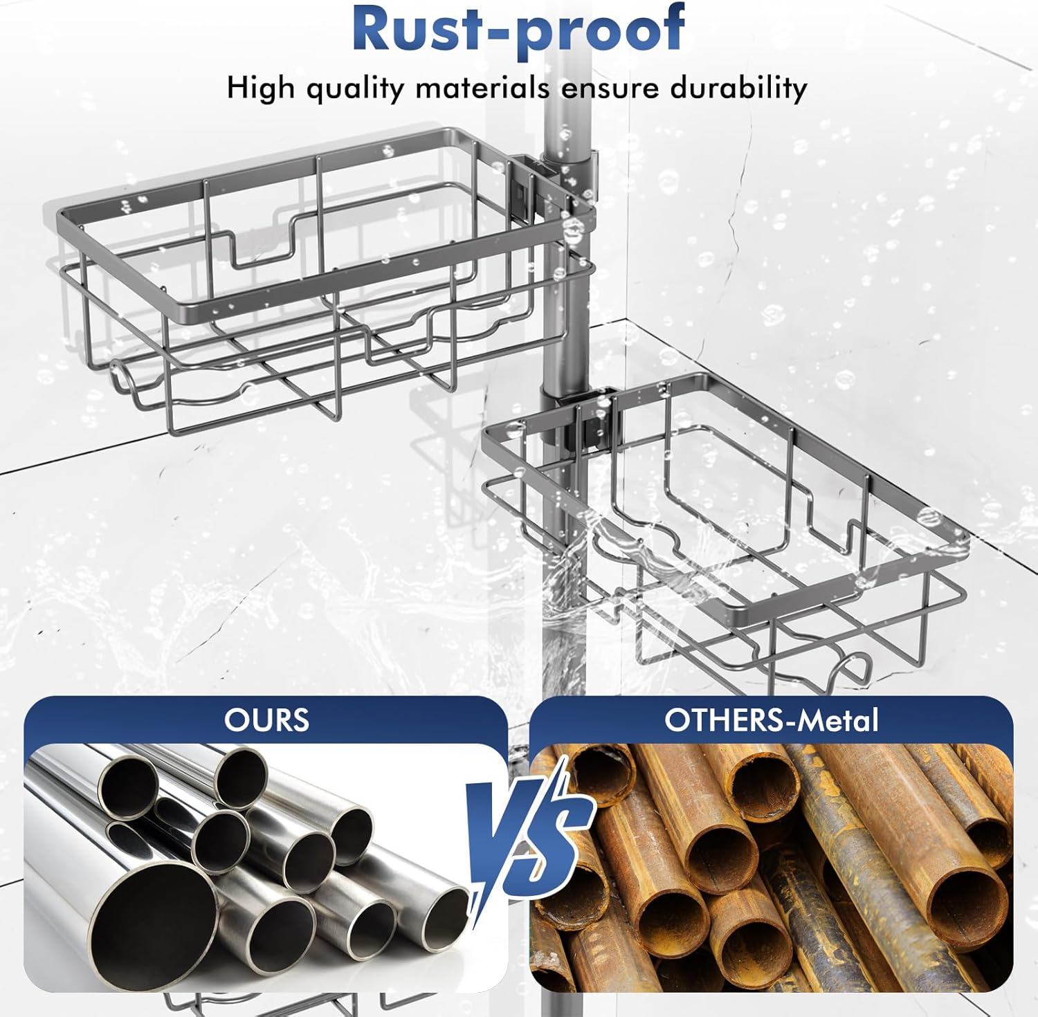 Shower Caddy Corner Tension Pole,30-120 Inch Adjustable Shower Shelves, 6-Tier Bathroom Organizer with Towel Rack/Toothbrush Holder, Bath Tension Rod Rack,Gray