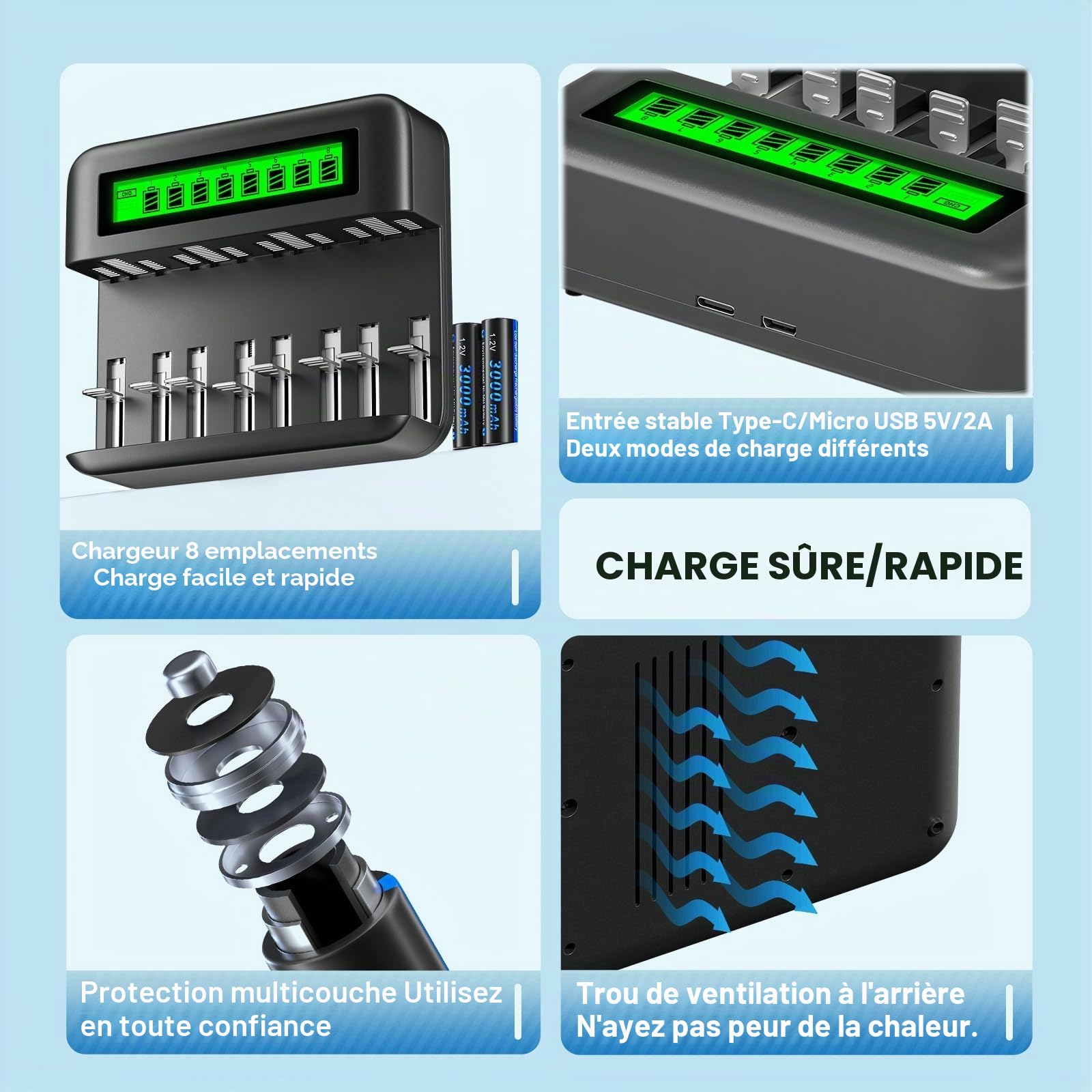 CITYORK Chargeur avec piles rechargeables D 10000 mAh 1,2 V Ni-MH, chargeur pour batterie AA/AAA/C/D, Lot de 6