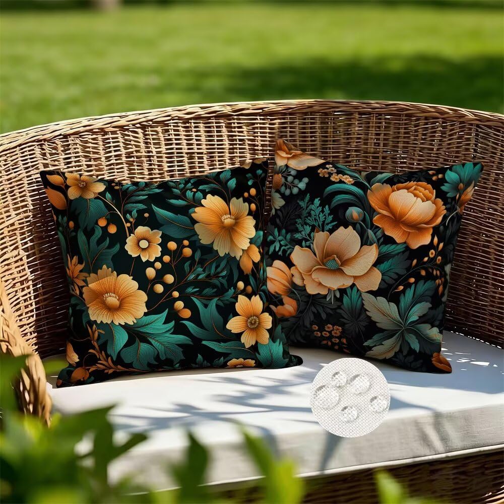 Outdoor Cushions Waterproof Summer Cushion Covers 35cm x 35cm Set of 2 Flower Garden Cushions Spring Cushion Cover Decorative Pillows Linen Throw Pillow Case for Couch Sofa Garden Furniture (IU199)