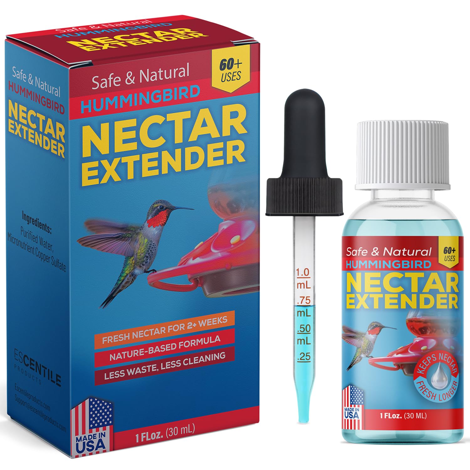 Hummingbird Nectar Extender - Keeps Nectar Fresh for 2+ Weeks, 60+ Uses, Made in USA, Safe & Natural Nectar Defense, Bird Safe Formula, for All Hummingbird Nectar & Feeders - 1oz