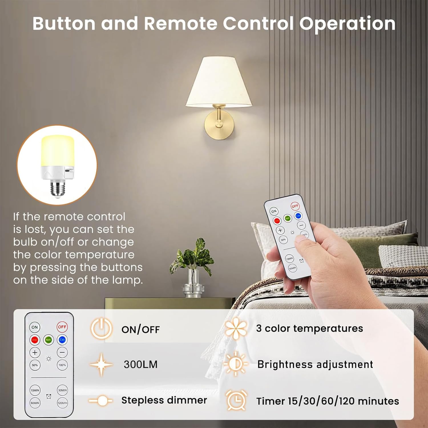 Rechargeable Light Bulbs for Non-Hardwired Fixtures, Battery Backup Bulb for Sconces and Lamps with Remote Timer, 3 Color Temps, Dimmer, Magnetic, E26 (2, 3 Color-E27)