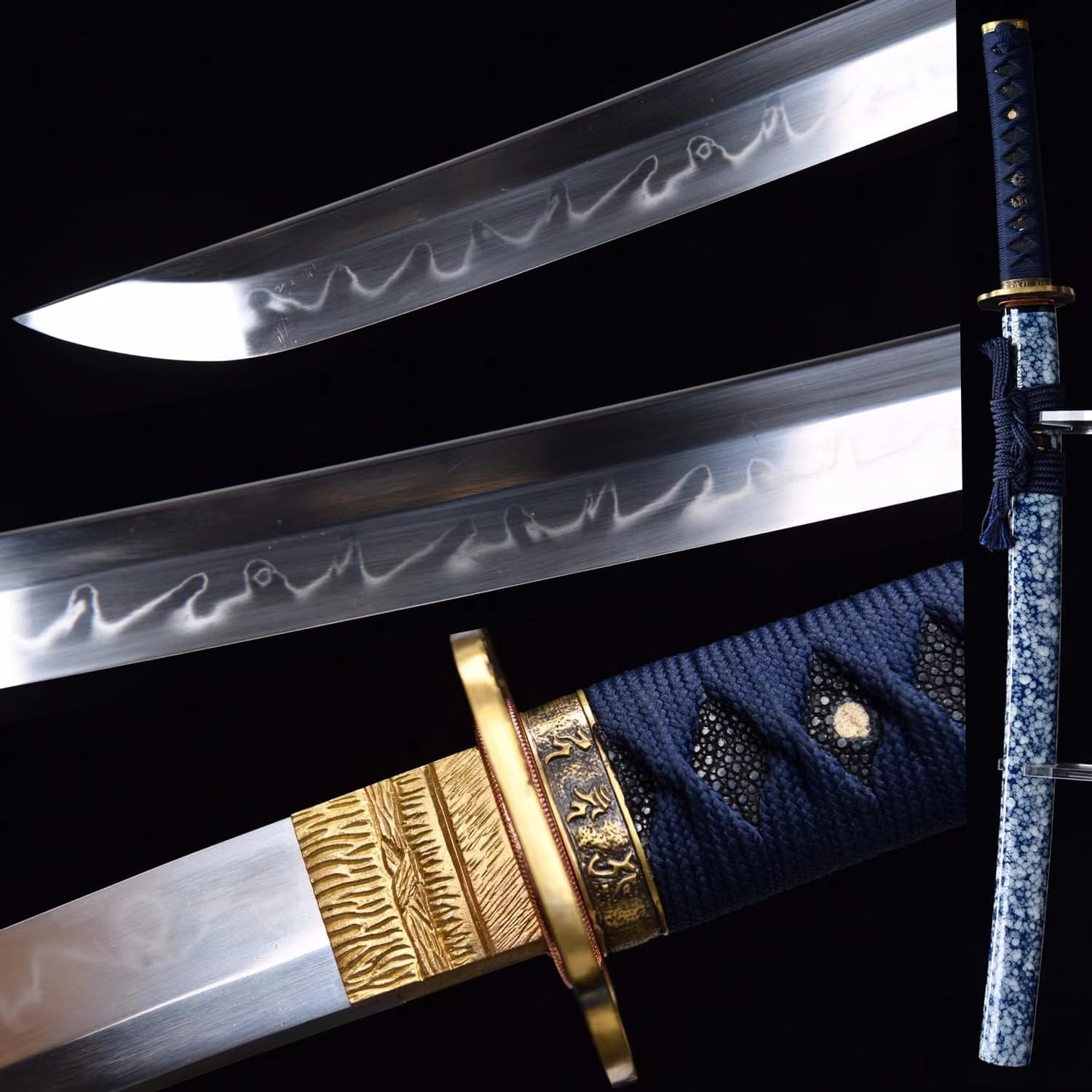 HERO SWORD Handmade Advanced Blue Wakizashi Sword Real Combat Razor Sharp Clay Tempered T10 Steel Samurai Sword Middle Japanese Knives Sanskrit Theme Cool Sword for Mens Best Gift