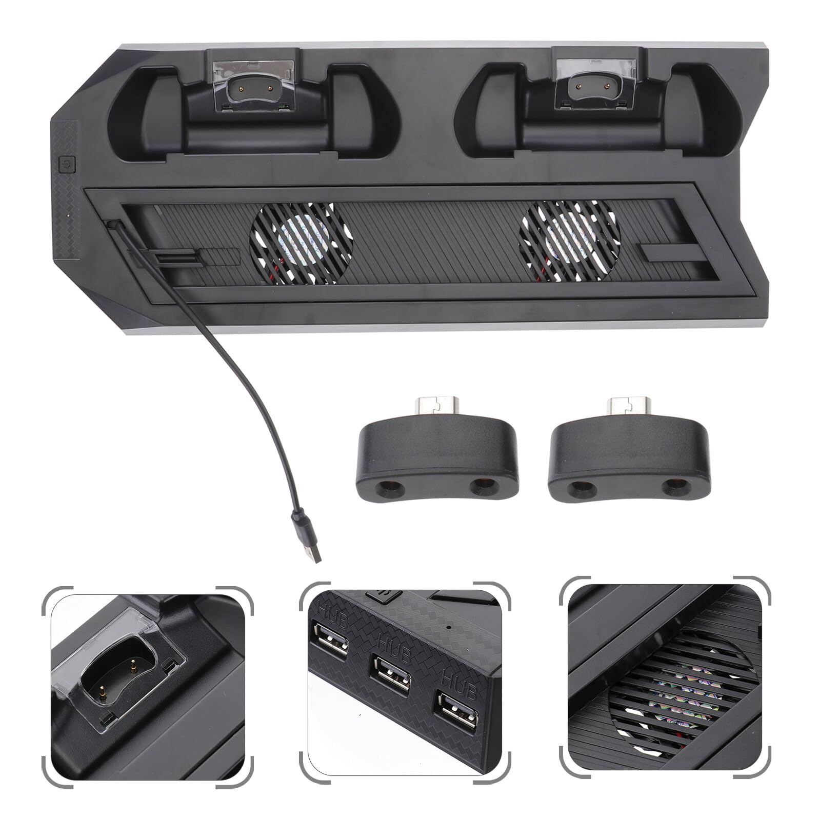 Soporte Vertical Pro con Ventilador de Refrigeración Estación de Carga Dual para Mandos y Hub USB Multifuncional Base Antisobrecalentamiento Negra