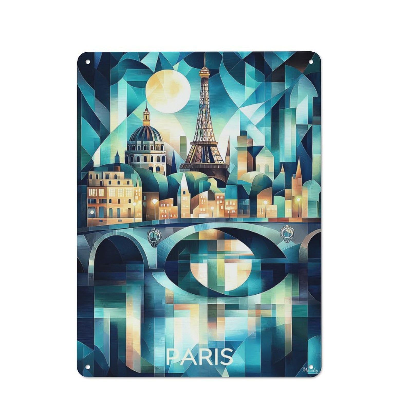 Metal Wall Art Sign with Cubist Paris Skyline with Eiffel Tower And Seine Design 40x30cm, Urban Industrial Wall Decor for Workspace, Cafe, Hallway Or Garage