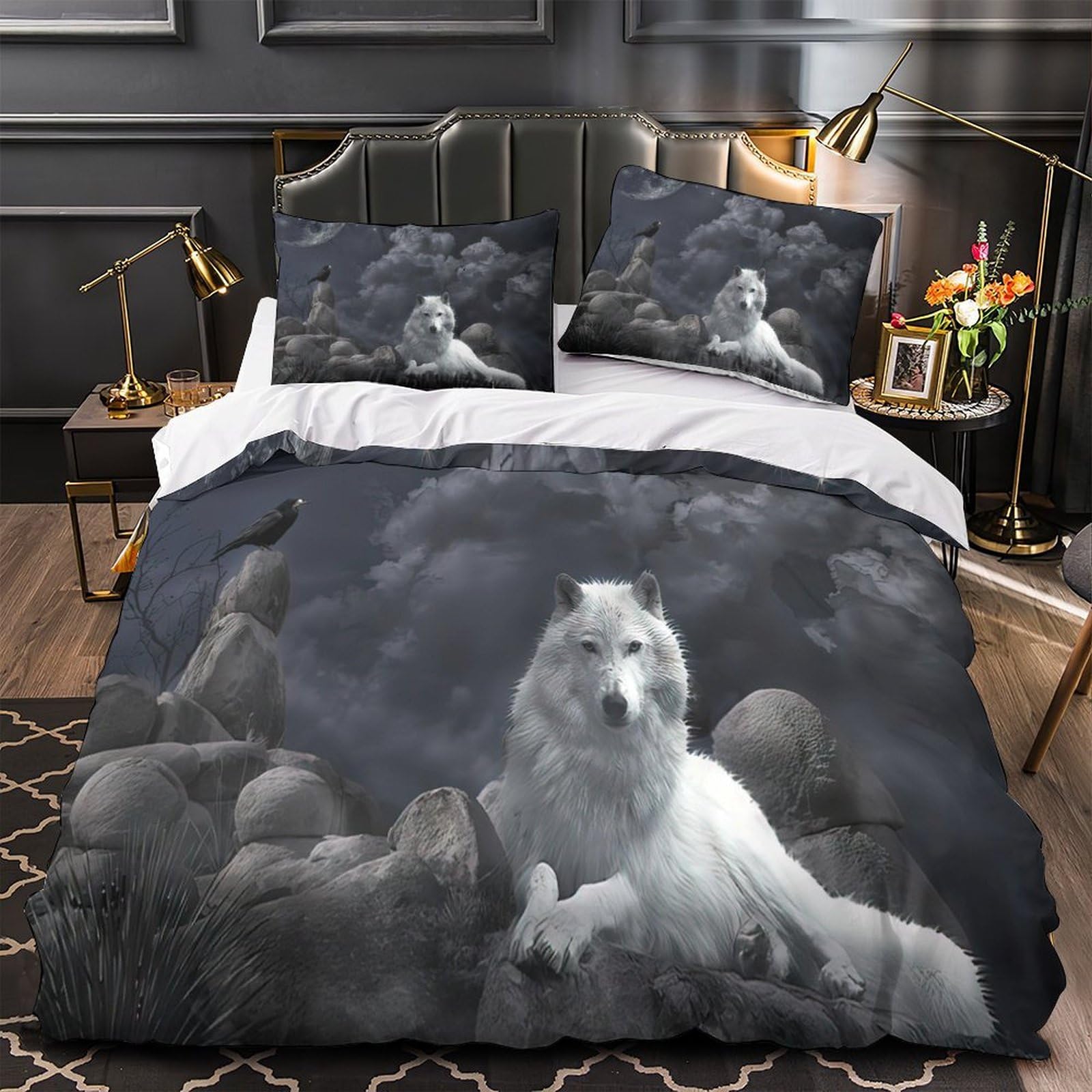Housse de couette loup sous la lune en microfibre 135x200 cm pour lit simple avec fermeture éclair