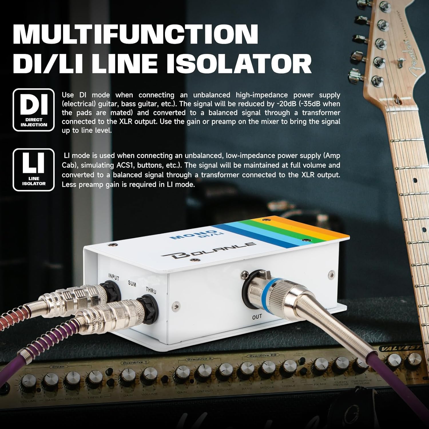 Bolanle Passive DI/LI Box Direct Box Line Isolator, Single Channel for Guitar Bass Keyboard, 1/4 Input XLR Balanced Output, 15dB PAD, GND Lift, THRU Output, SUM/MONO, Phase Reverse for Studio Stage