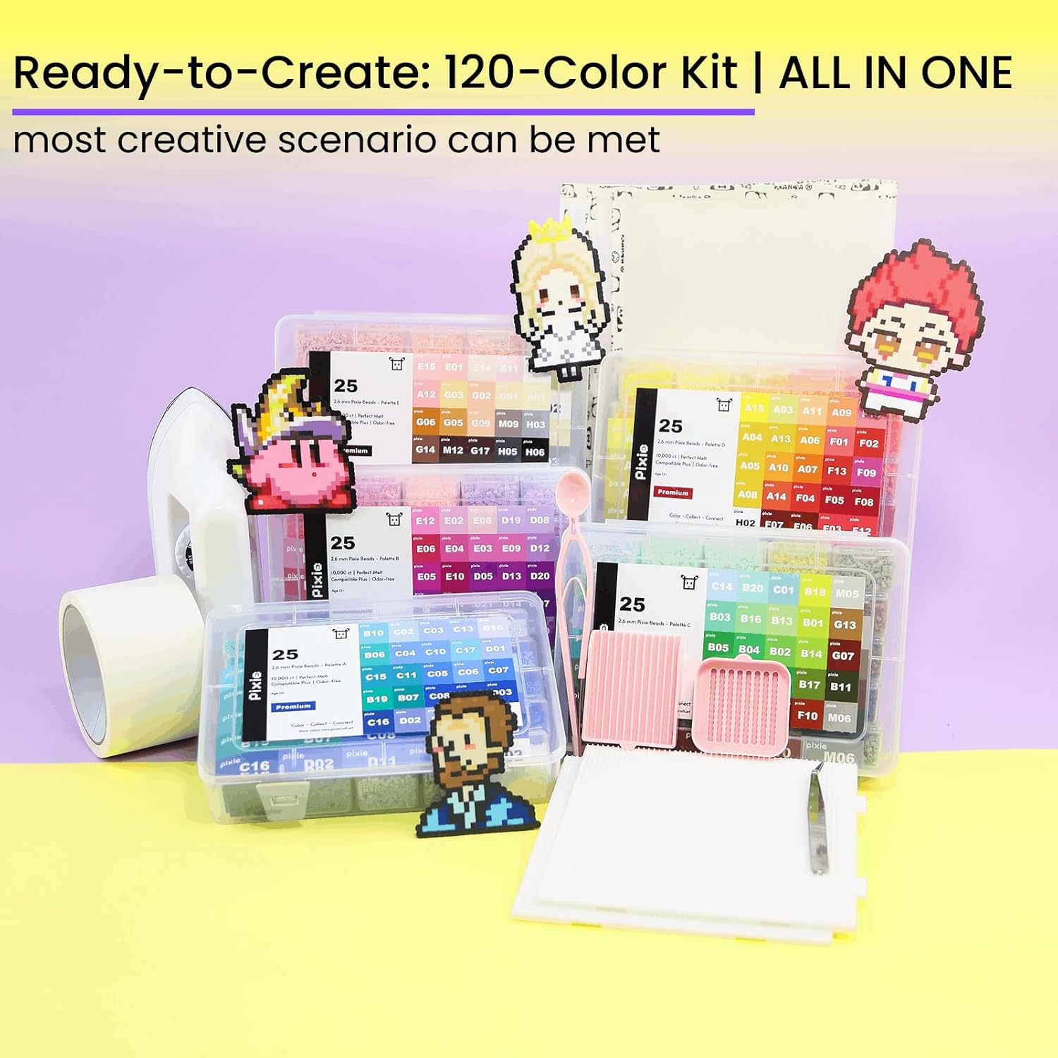 PixieCraft 50000 2.6mm Mini Fuse Beads Kit, 120 Colors PixieBeads, 131 pcs Set with Mini Iron, Pegboards, Trays, Storage Box & Tools for Pixel Art, Creative Projects & Handmade Gifts for Kids, Adults