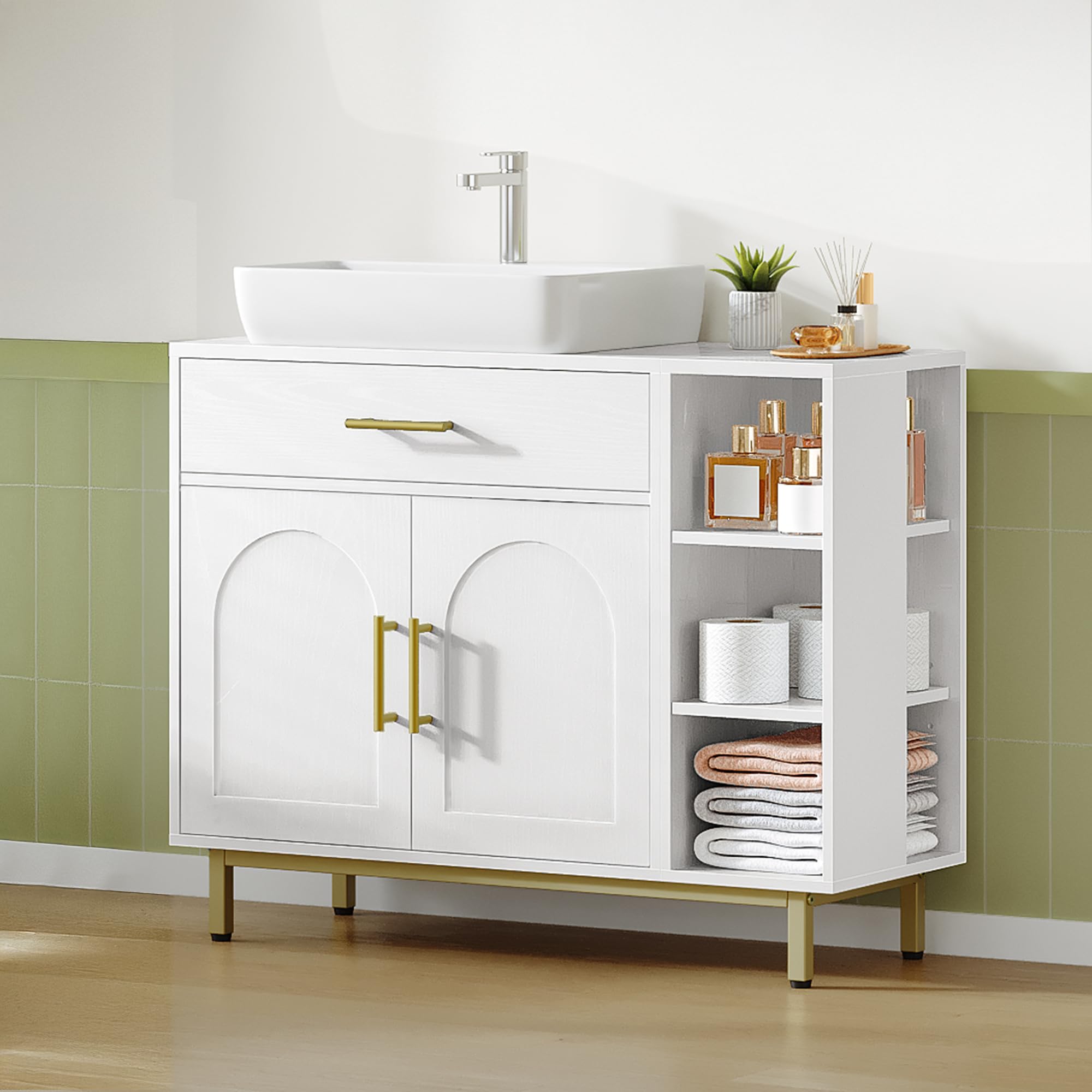 Hzuaneri Waschbeckenschrank, Badezimmerschrank, 1 Schublade 2 Schranktüren, Offenes Fach mit 3 Ebenen, Verstellbare Ablage, Weiß, 30 x 80 x 64cm BC28813G