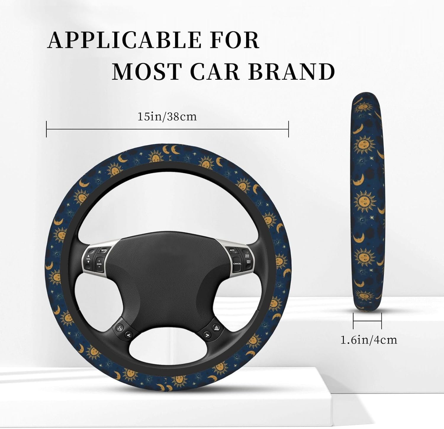 Elastic Stars Sun Moon Navy Boho Car Steering Wheel Cover Protector Upgrade Thicken,Durable Soft Car Accessories for Diverse Cars Truck SUV for Men Women Universal 15 Inch - Image 7