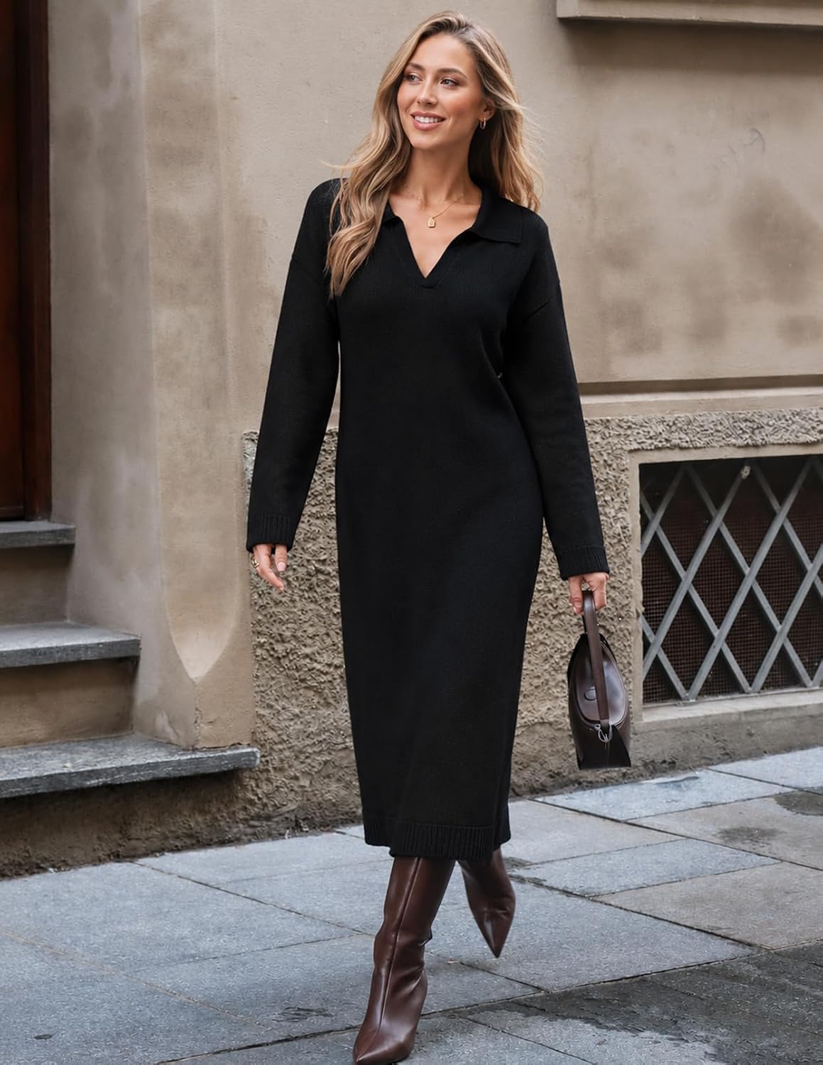 MEROKEETY Women's Fall Long Sleeve Midi Sweater Dress V Neck Knit Dresses image 5