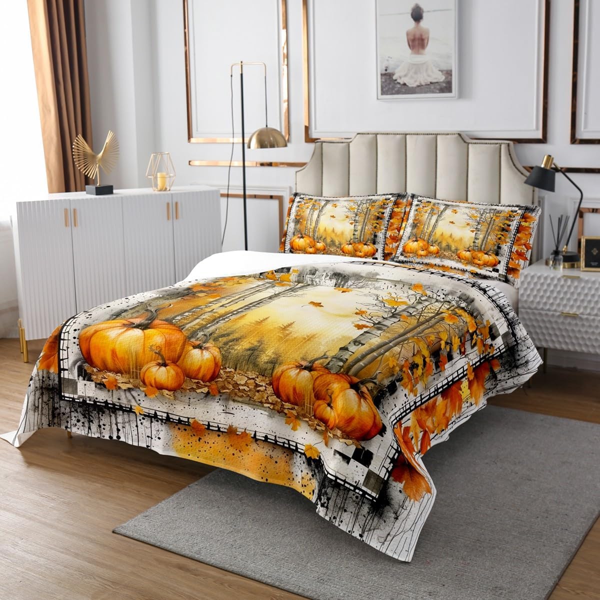 Erosebridal Autumn Decor Coverlet Queen Size Harvest Pumpkin Bedding Set, Oil Painting Aesthetic Bedspread Set Fall Jungle Tree Quilt Set, Maple Leaves Print Bed Set