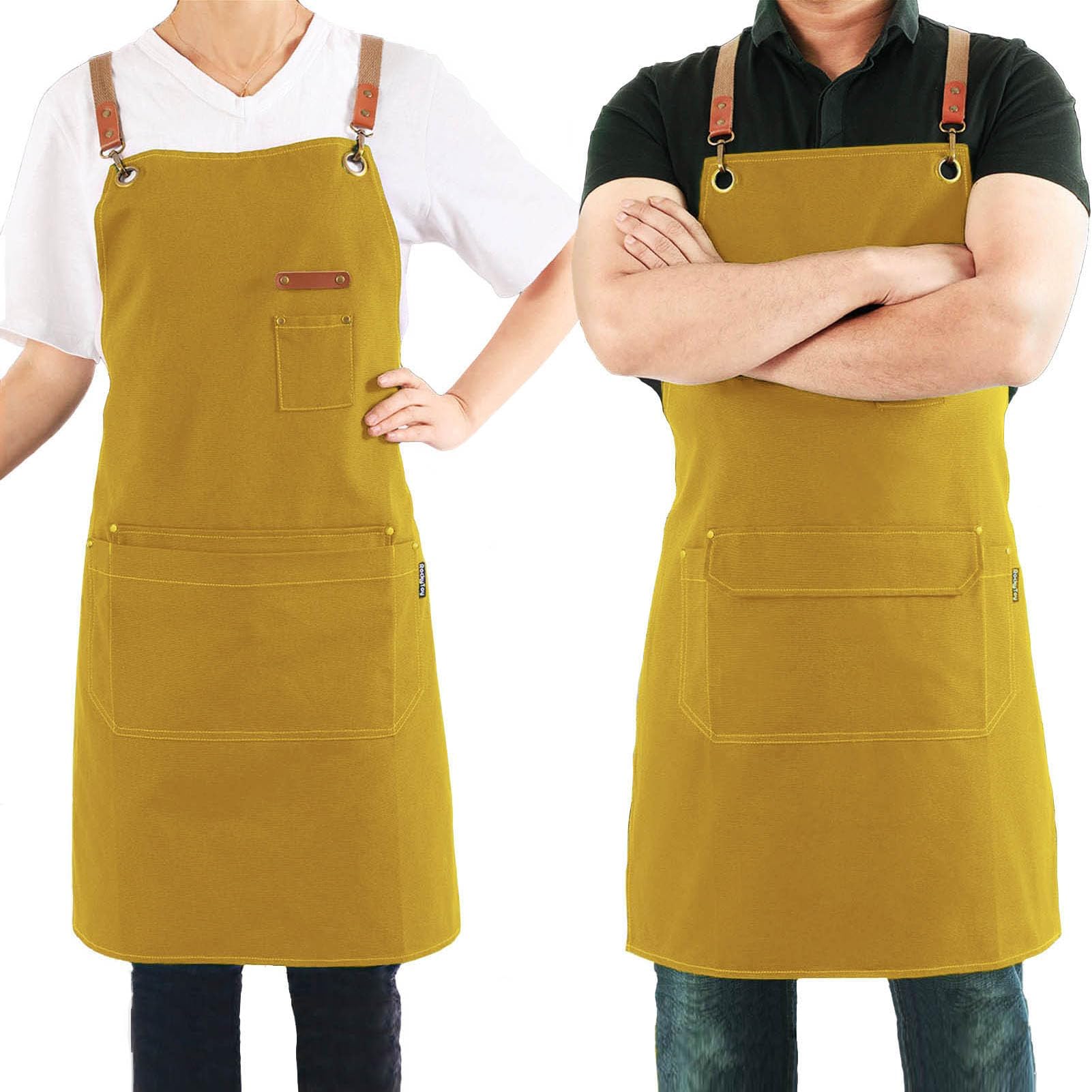 – Canvas Apron with Pockets and Cross-back Straps for Chef Kitchen Cooking BBQ, Barista Bartender Barber Shop and Art Gardening Work Professional Aprons - Yellow