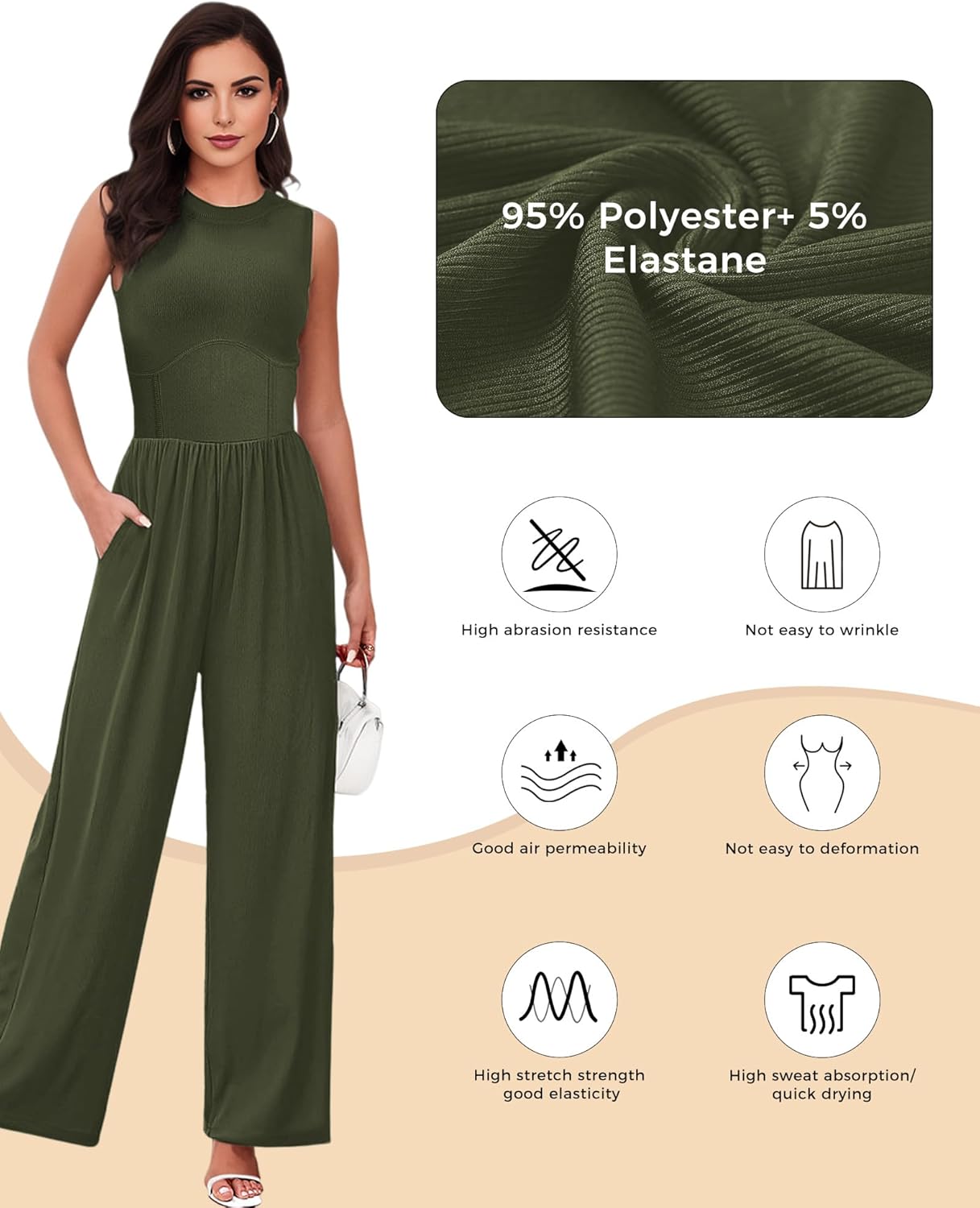 AURUZA Jumpsuits for Women, Sleeveless Crew Neck Jumpsuits for Women Casual One Piece Outfit Wide Leg Long Pants Rompers for Women 2024 Jumper Dressy with Pockets, Green, M - Image 4