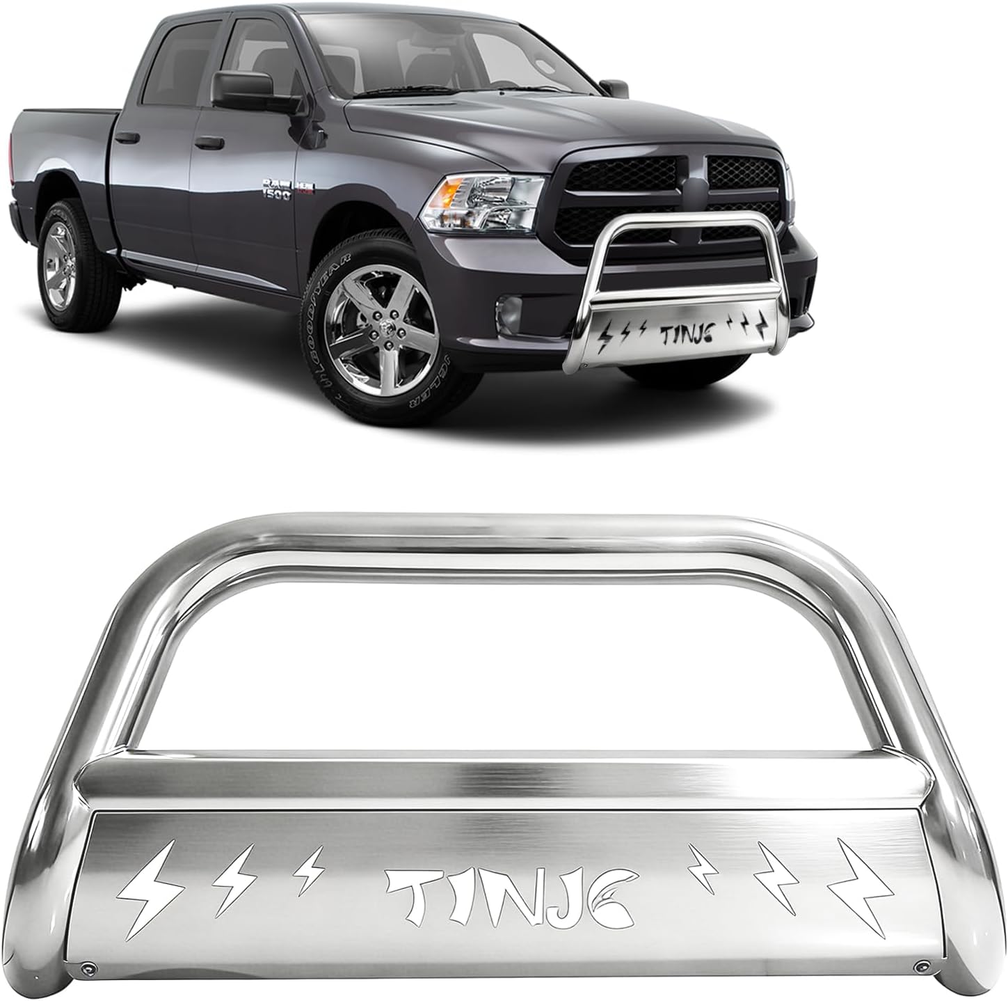 Bull Bar Front Bumper Grille Guard Fit for 2009 2010 2011 2012 2013 2014 2015 2016 2017 2018 Dodge Ram 1500, 3" Bull Bar Grille Stainless Steel Chrome with Removable Skid Plate, Silver