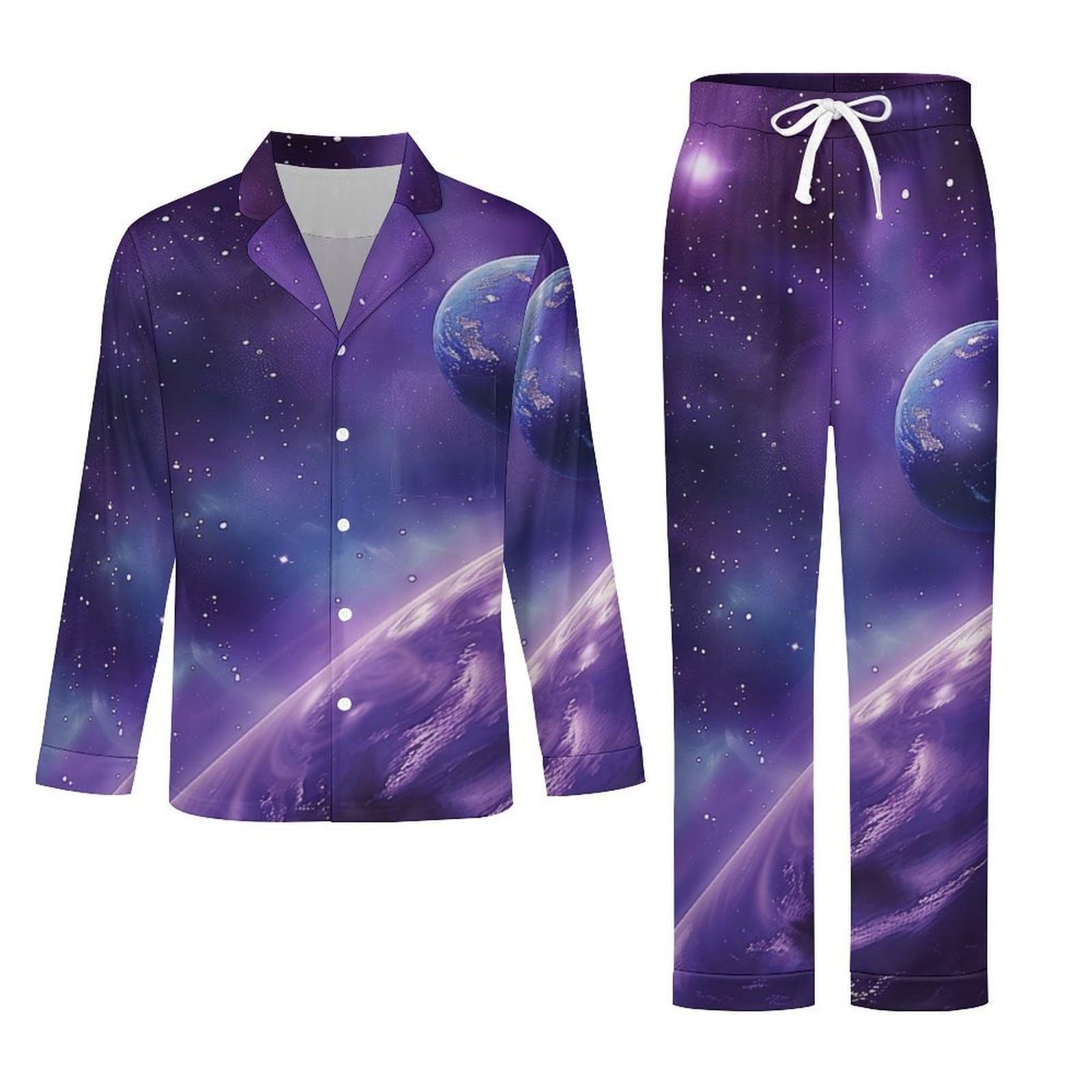 OLEETS Pigiama A Maniche Lunghe da Uomo - Il Cielo Stellato della Terra Pigiama Invernale Pantaloni Top Caldo Autunnale Traspirante Morbido 2 Pezzi Casual Ampio