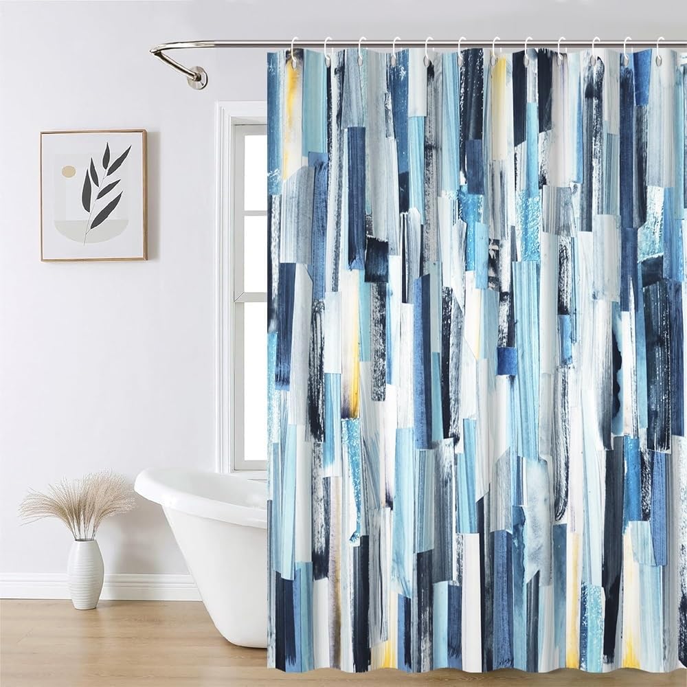 Boho Blue Striped Shower Curtain Teal Blue White Watercolor Vertical Stripes Bathroom Shower Curtain Modern Abstract Minimalist Bathtub Decor Washable Waterproof Polyester Fabric with Hooks 72x72 Inch