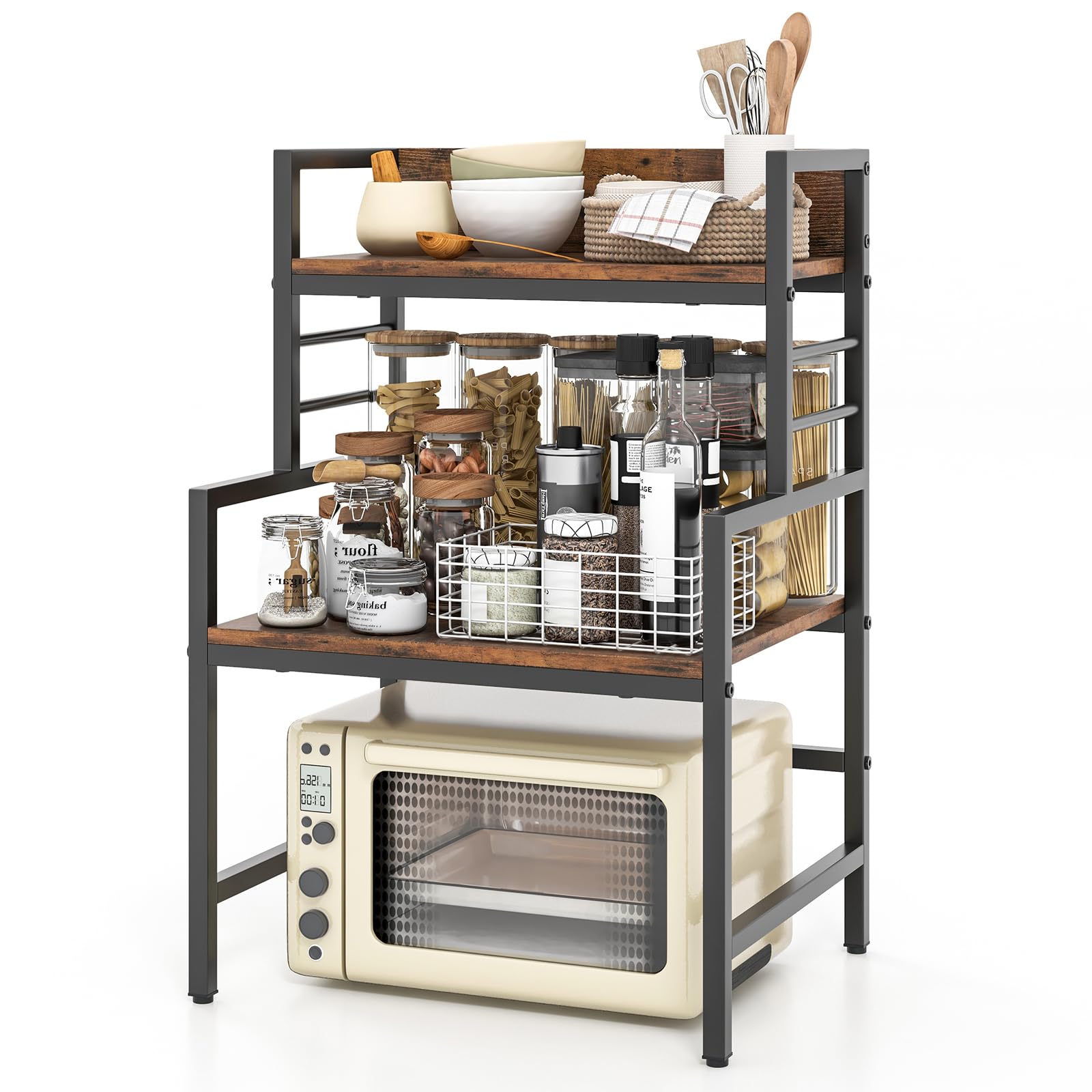 KOMFOTTEU Mensola Microonde 52 x 42 x 78 cm, Supporto Microonde con Piedini Regolabili e 2 Kit Antiribaltamento, Scaffale Salvaspazio da Cucina per Pentole, Padelle, Piatti e Ciotole, Marrone