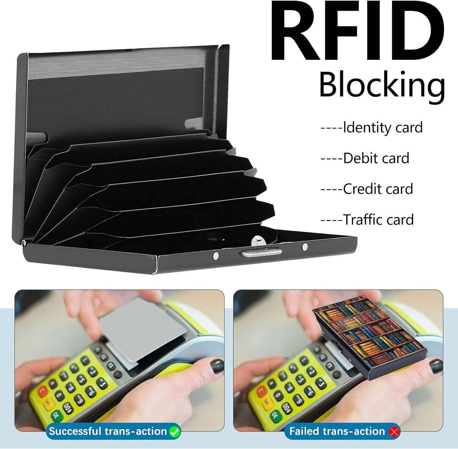 Credit Card Holder, Library Bookshelf Design Mini RFID Blocking Aluminum Wallet Slim Metal Hard Case Shell Travel Wallet ID Case Small Credit Cards Case Business Cards for Women Men Girls