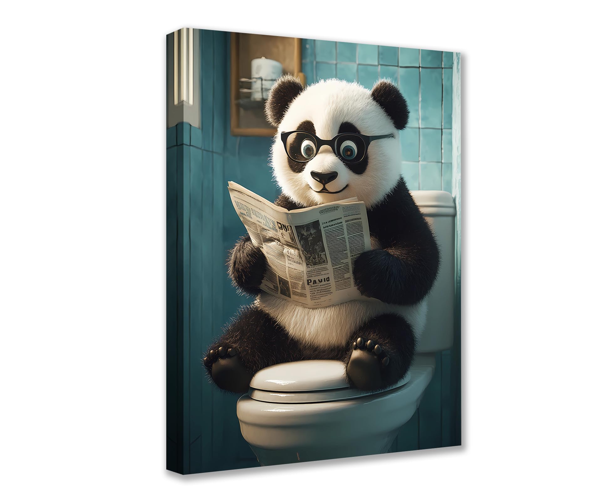 1P Posters Prints Panda Read Newspaper Picture Animals Wearing Glasses Sit on Toilet Canvas Wall Art Cute Modern Artwork for Living Room Bedroom Home Decor Framed Gallery-Wrapped Ready to Hang