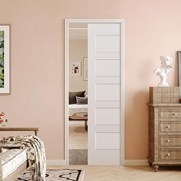 BARNSMITH 30in x 80in Sliding Pocket Door, Track Hardware and Frame Kits with 5-Panel White Paintable Door Slab Included, Soft Close Mechanism, Durable and Smooth
