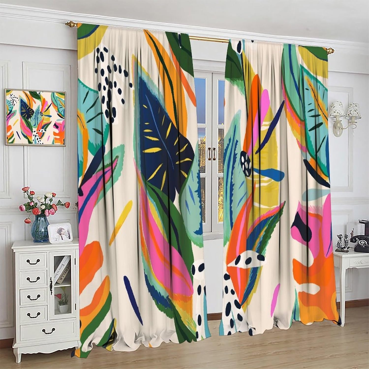 Boho Abstract Window Curtains Mid Century Rod Pocket Modern Leaves Colorful Curtain Drapes Geometric Curtains for Bedroom Living Room Treatment Set 2 Panels,42x45 Inches