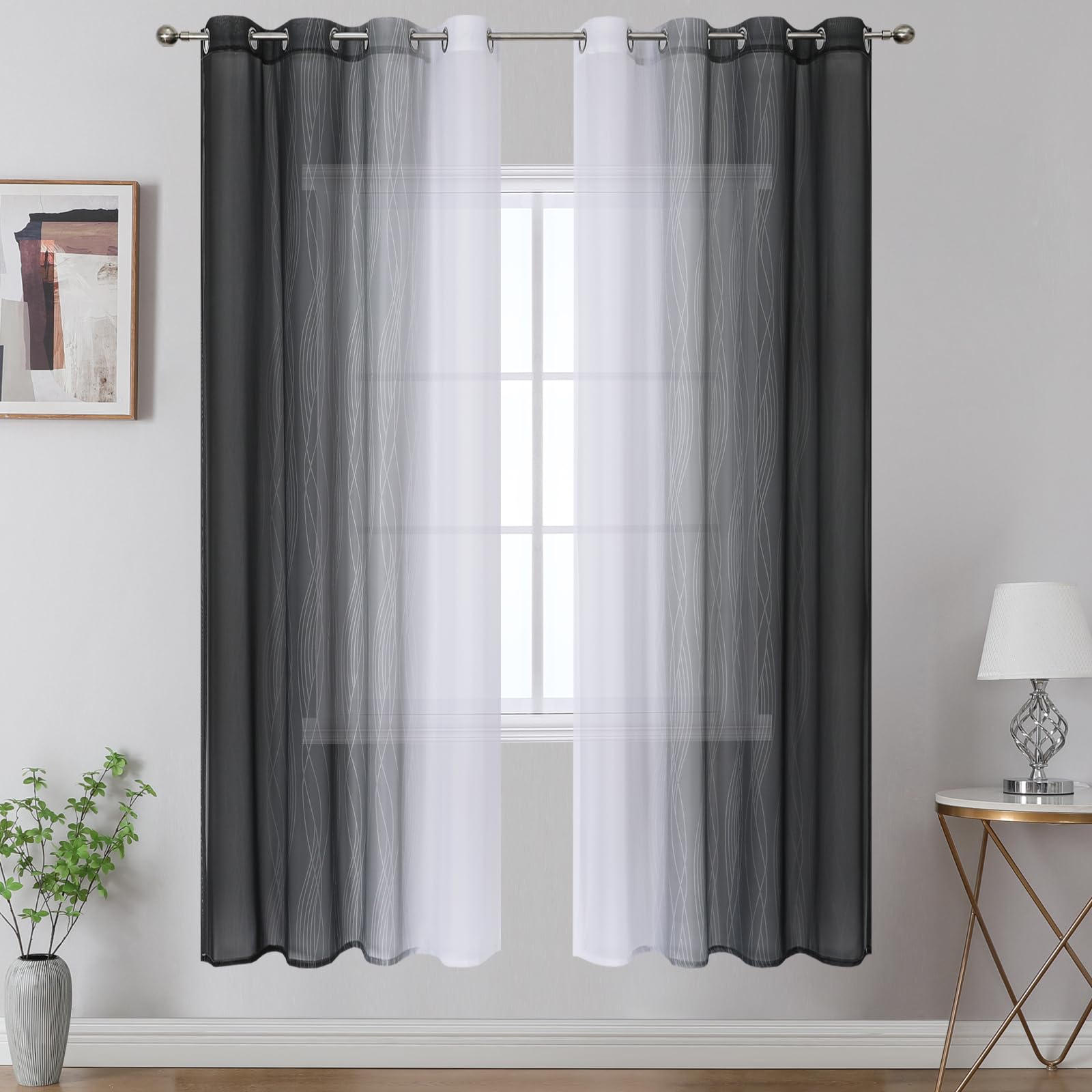 VEHEDE Ombre Voile Curtains for Living Room, Gradient Eyelet Top, Light Filtering Sheers Window Drapes for Bedroom, Black and Greyish White, W52 x L72 Inch 2 Panels