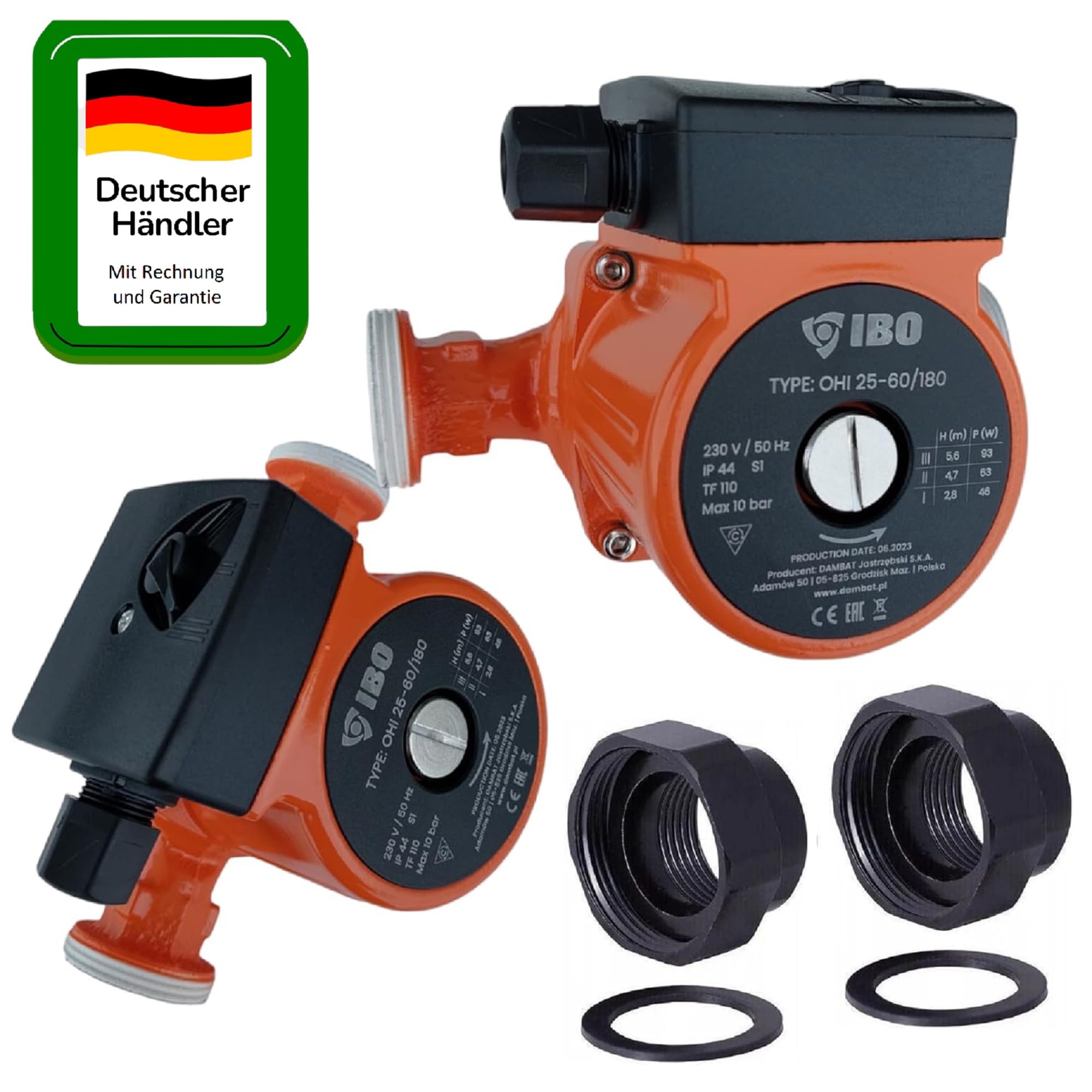 IBO Heizungspumpe Zikulationspumpe OHI 25-60/180 mit Verschraubung und 3-Stufen Drehzahlschaltung