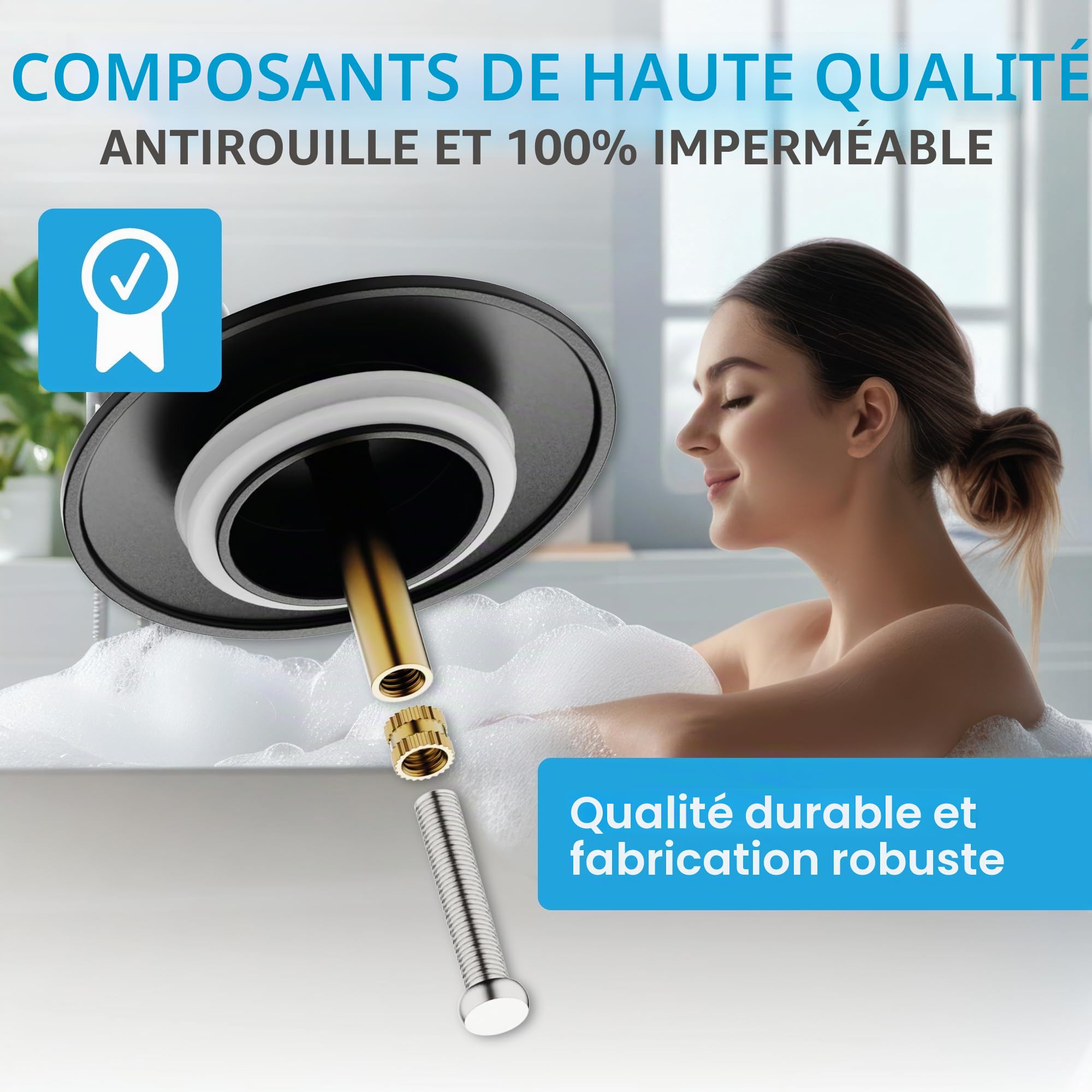 Bächlein Bouchon de Baignoire Universel - Bouchon d'Évacuation Noir Mat en Laiton Massif avec Joint de Rechange, Parfaitement Adapté pour Toute Baignoire avec Trou dans l'Écoulement > 8mm