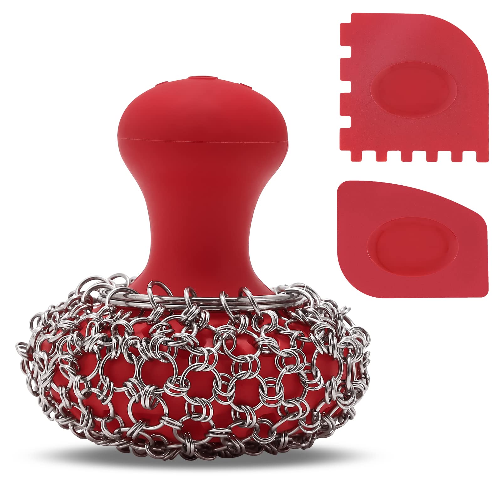 SUBEKYUCast Iron Scrubber Kit, Stainless Steel Cast Iron Skillet Cleaner, Chainmail Scrubber with Scraper Tool for Cast Iron Pans/Grill Nets/Sinks, Red, 1 Set
