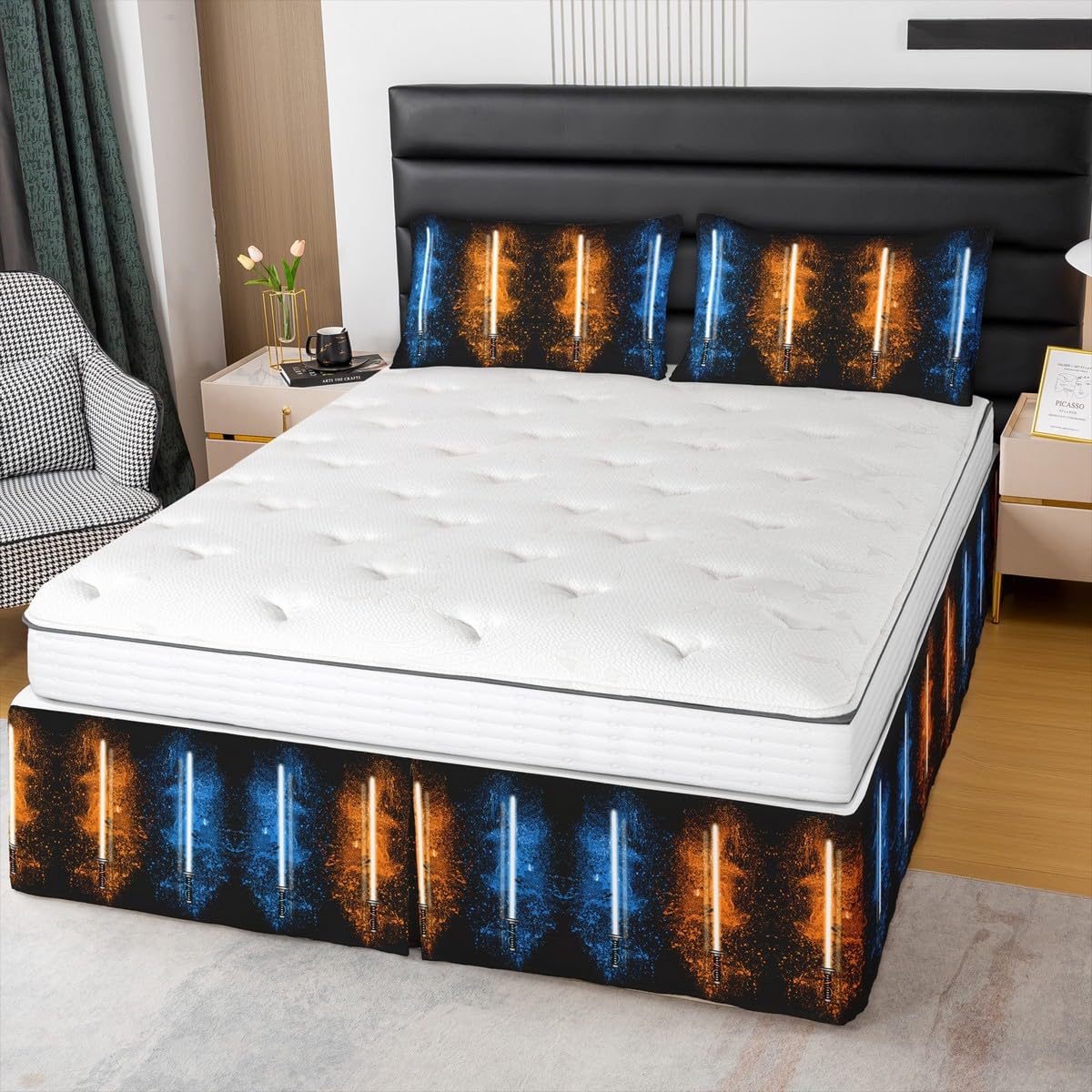 FeelyouBlue Orange Neon Lightsaber Bed Skirt Lightsaber Bedding Bed Skirts Kids Boys Blue Orange Gradient Dust Ruffle Pleated Bedskirt Future Tech Fitted Sheet with 2 Pillowcases 3Pcs Bedding King