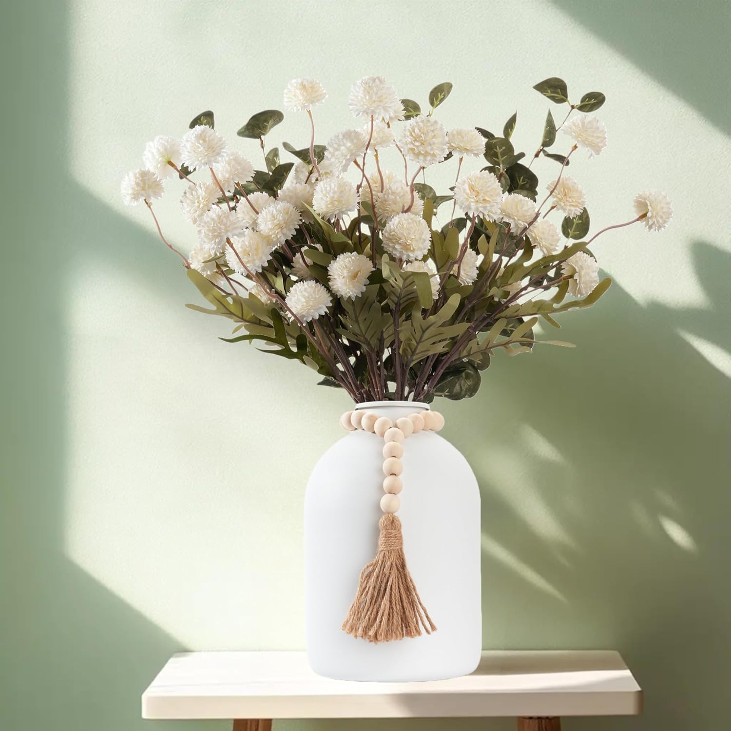 20''H Fake Flowers in Large Vase for Centerpiece Table Decorations with 10Pcs Fake Mums Flowers Eucalyptus Stems Faux Pompon Kiku Flowers Arrangement for Home Decor (White/White Vase) - Image 9