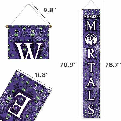 Miniatura 3 de Allenjoy Letrero de puerta de 11.8 x 70.9 pulgadas, 2 unidades de Manison púrpura Welcome Foolish Mortals para puerta de Halloween, casa embrujada,