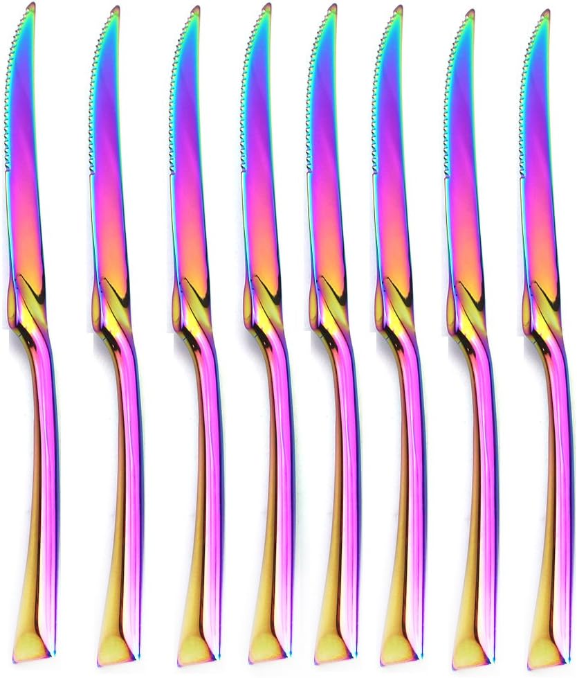JASHII 18/10 Stainless Steel 8 Piece Mirror Polished Rainbow Serrated Steak Knife Colorful Serving Black Utensil Set JASHII 18/10 Stainless Steel 8 Piece Mirror Polished Rainbow Serrated Steak Knife Colorful Serving Black Utensil Set