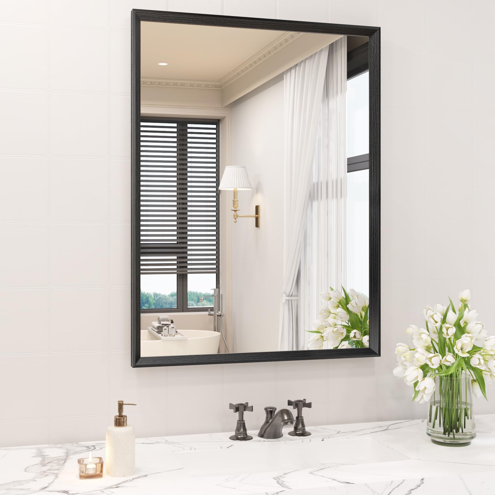 Photo 1 of ***FRAME IS DAMAGED***
JISOSO Bathroom Vanity Mirror 24x36 Inch, Matte Black Rectangle Bathroom Mirror, Anti-Rust, 4MM Tempered Glass, Wall-Mounted Mirror, Hangs Horizontally or Vertically for Bathroom & Bedroom
