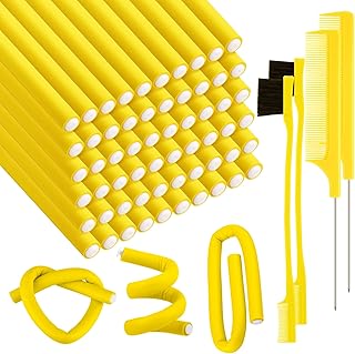 Waydress 64 Pieces Flexible Curling Rods Hair Twist Flexible Rod Foam Curler Roller with Hair Edge Brush and Comb for Women Girl Short Medium Long(0.8 x 24 cm,Yellow)