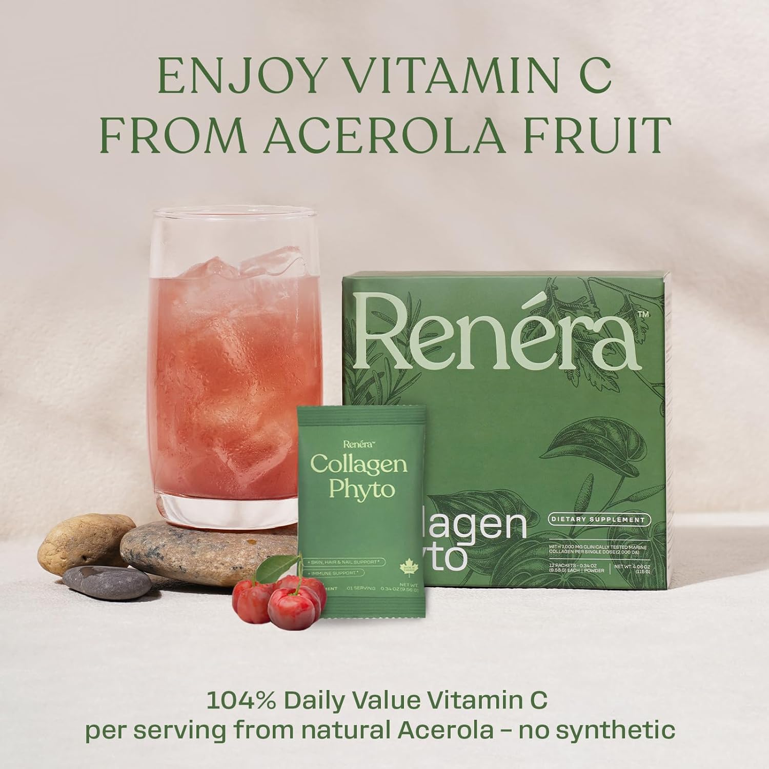 Renéra - Collagen Phyto Powder with Marine Collagen Peptides & Postbiotic, Clinically Studied Ingredients for Healthy Skin, Hair, Nails and Immunity, Healthy Aging Support* - 12 Packets